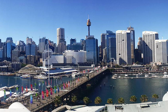 View of Pyrmont from Darling Harbour with Sydney city in background